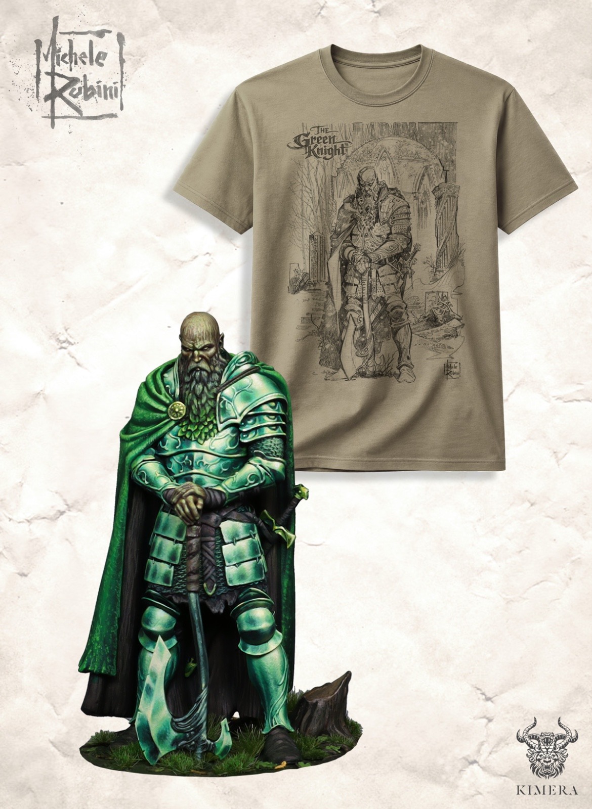 Green Knight bundle with miniature and matching Michele Rubini T-shirt on parchment-toned cotton.
