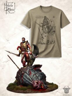 Gilgamesh bundle with miniature and matching Michele Rubini T-shirt on parchment-toned cotton.