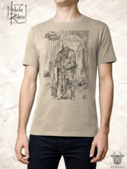 Green Knight T-shirt with Michele Rubini artwork on parchment-toned cotton.