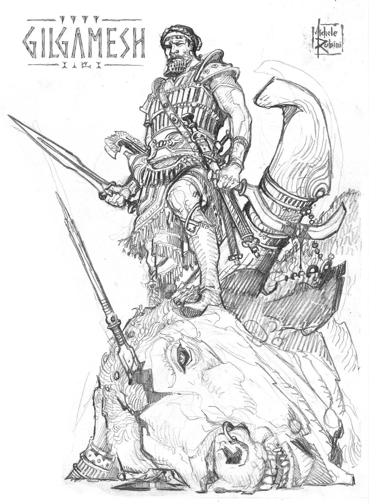 Gilgamesh T-shirt artwork by Michele Rubini for Michele Rubini's Gods & Legends.