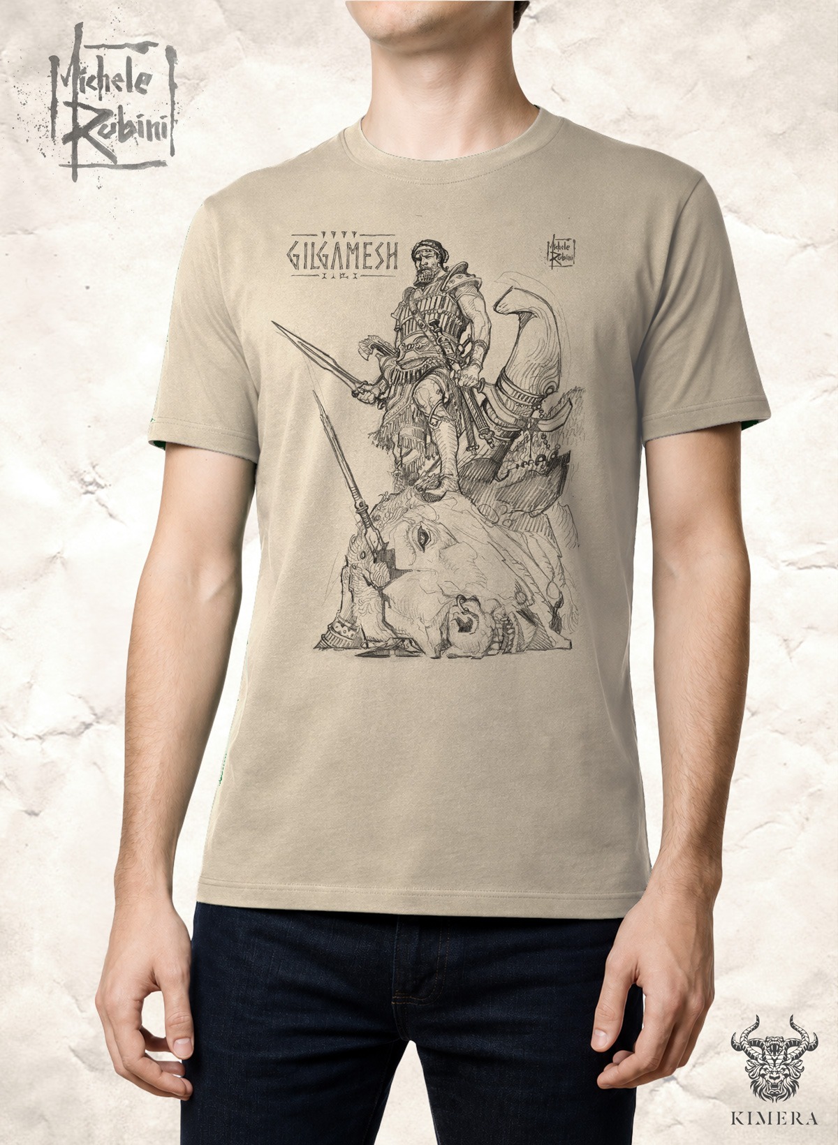 Gilgamesh T-shirt with Michele Rubini artwork on parchment-toned cotton.