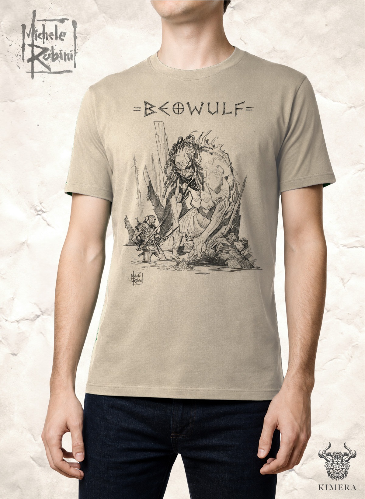 Beowulf T-shirt with Michele Rubini artwork on parchment-toned cotton.