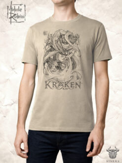 Kraken T-shirt with Michele Rubini artwork on parchment-toned cotton.