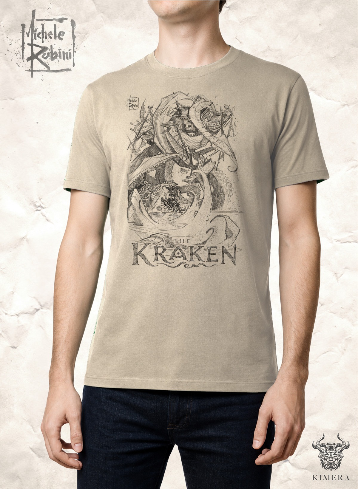 Kraken T-shirt with Michele Rubini artwork on parchment-toned cotton.