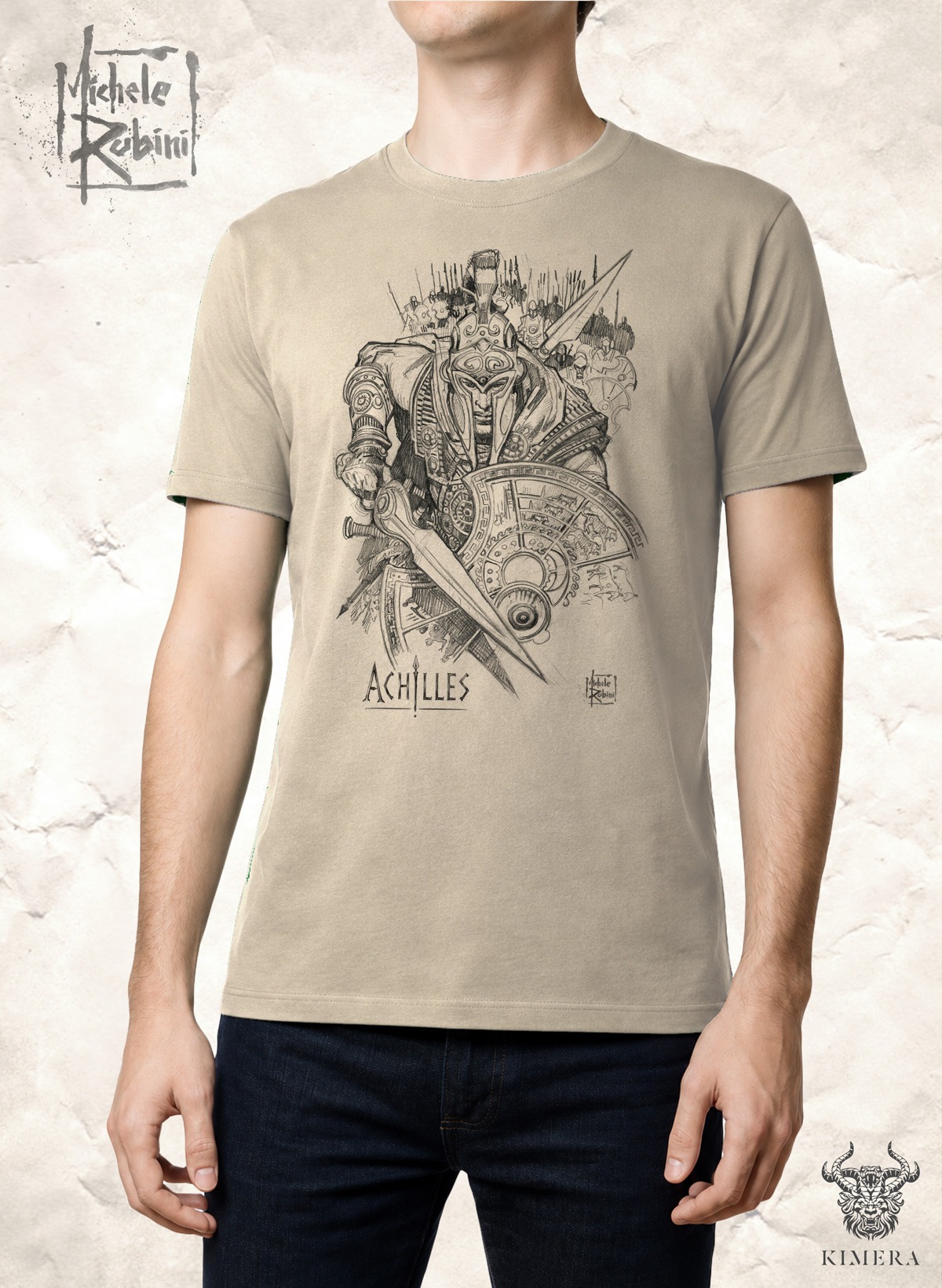 Achilles T-shirt with Michele Rubini artwork on parchment-toned cotton.
