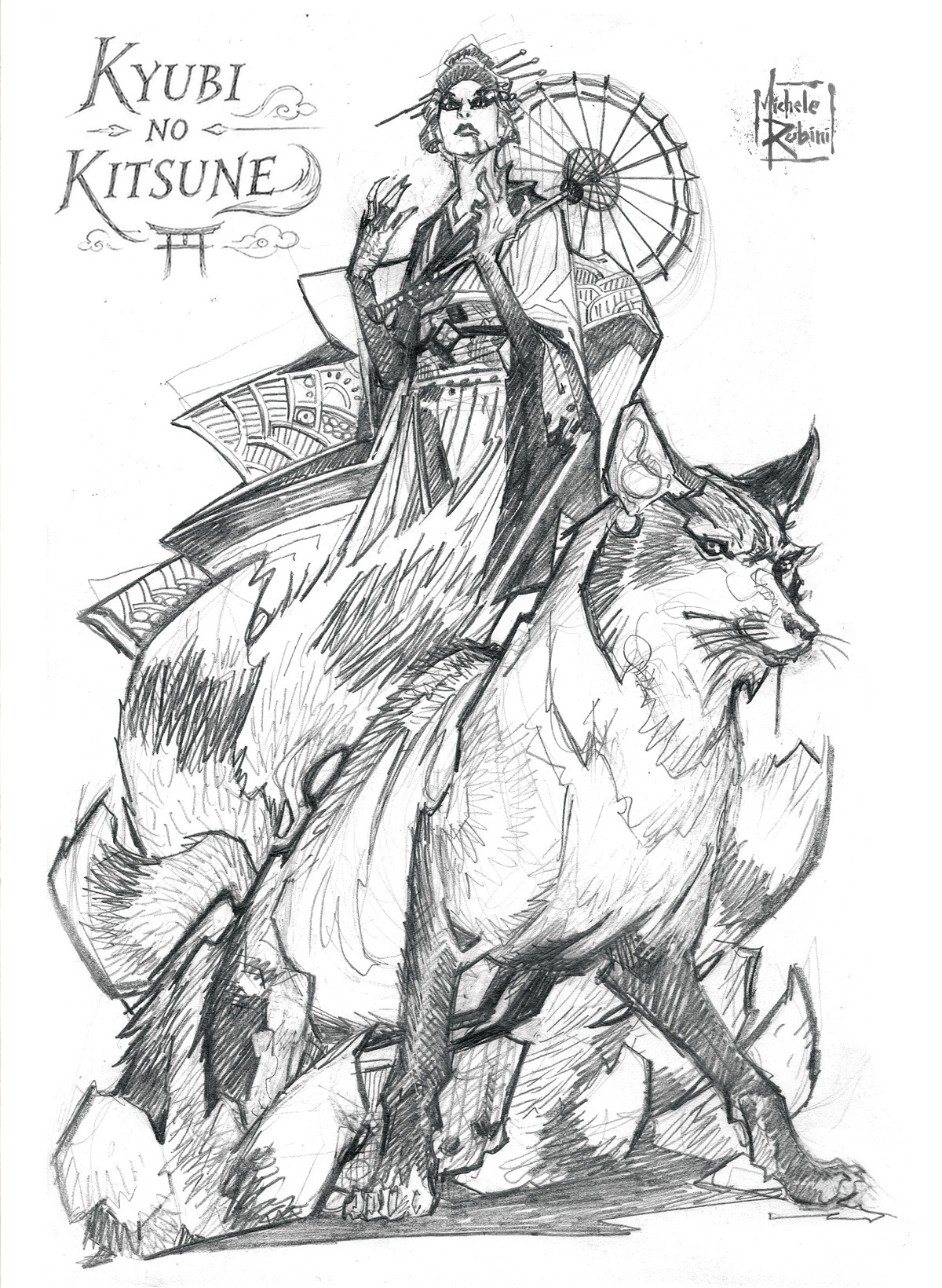 Kyubi no Kitsune T-shirt artwork by Michele Rubini for Michele Rubini's Gods & Legends.