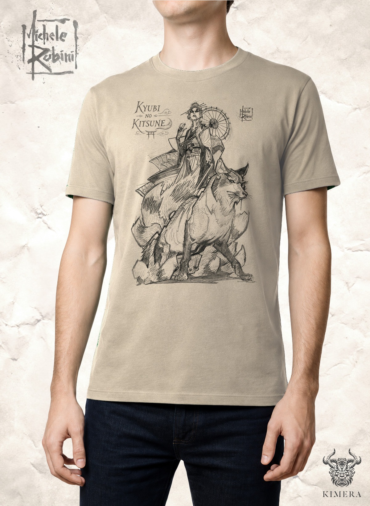 Kyubi no Kitsune T-shirt with Michele Rubini artwork on parchment-toned cotton.