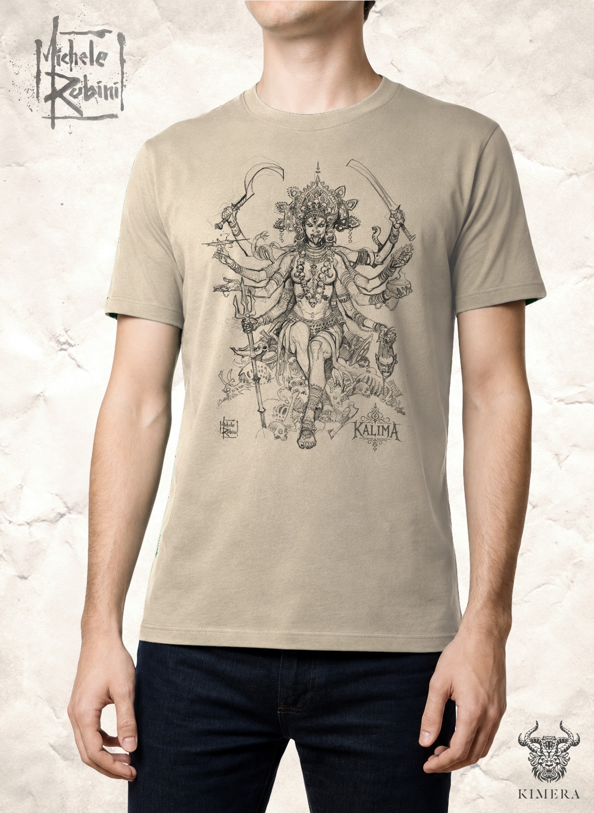 Kalima T-shirt with Michele Rubini artwork on parchment-toned cotton.