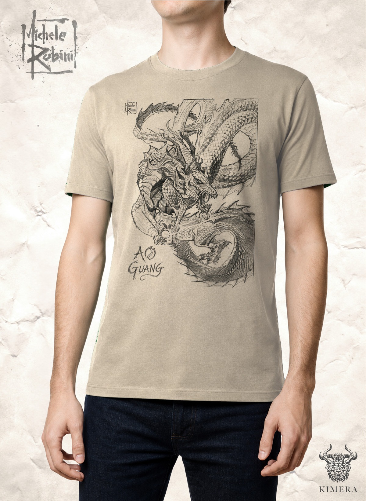 Ao Guang T-shirt with Michele Rubini artwork on parchment-toned cotton.