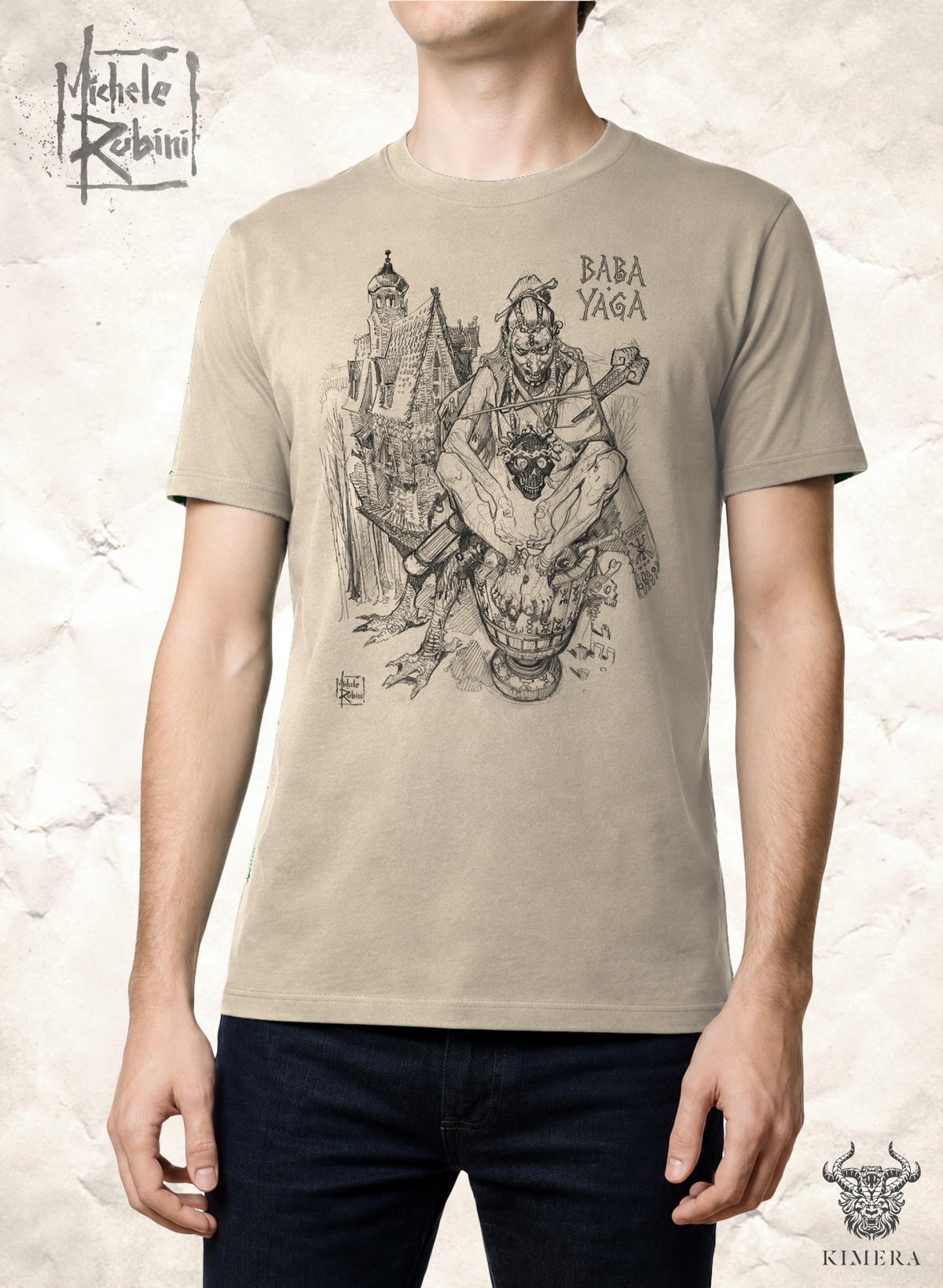 Baba Yaga T-shirt with Michele Rubini artwork on parchment-toned cotton.