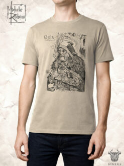 Odin T-shirt with Michele Rubini artwork on parchment-toned cotton.