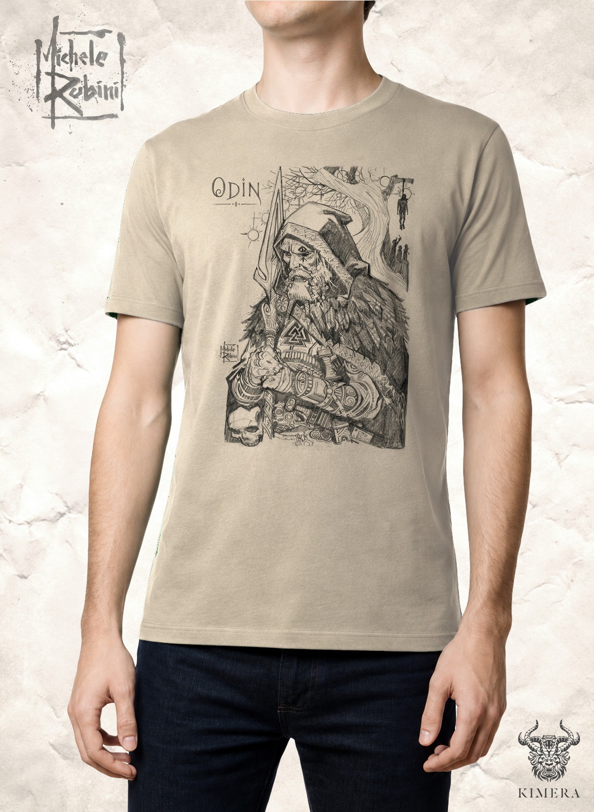Odin T-shirt with Michele Rubini artwork on parchment-toned cotton.