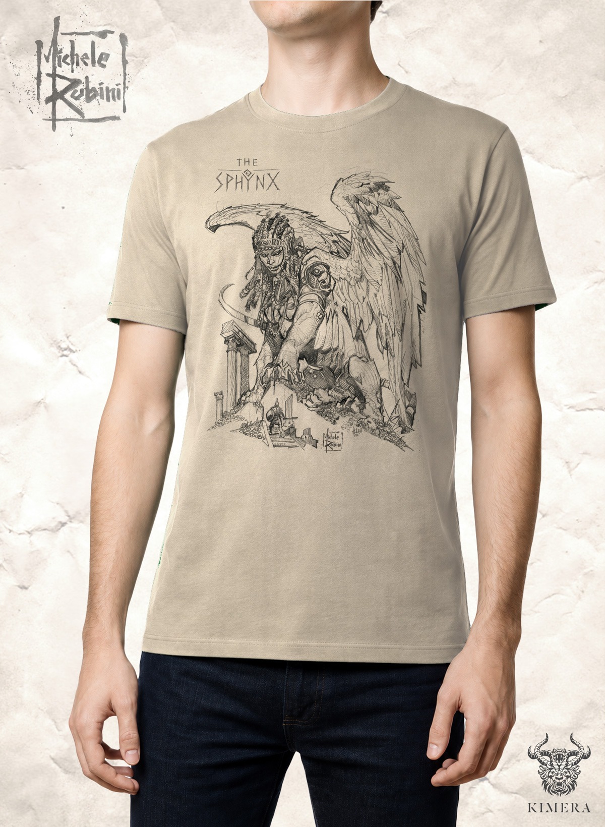 Sphynx T-shirt with Michele Rubini artwork on parchment-toned cotton.